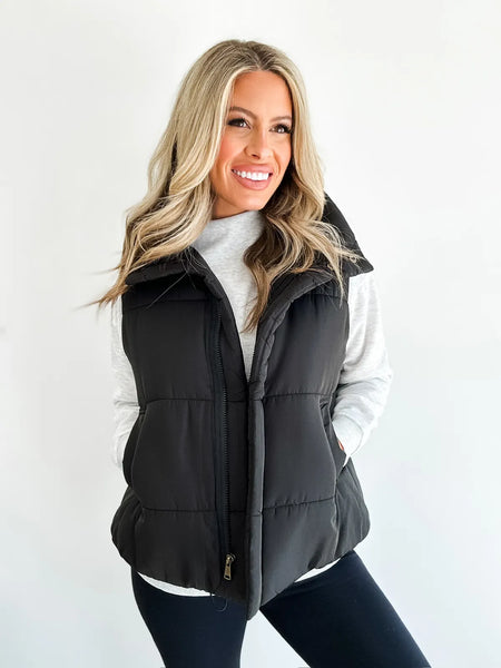 Solid Zip Up Puffer Vest Black