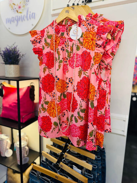 UMGEE Floral Print Ruffle Neck Top Pink Mix