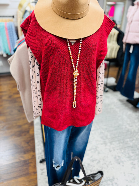 V Neck Boxy Sweater Vest Dark Red