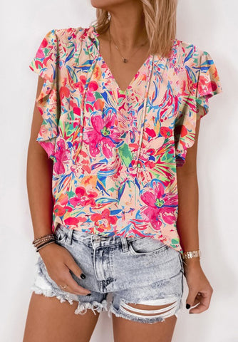 Palm Springs Floral Flutter Sleeve Top