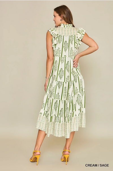 UMGEE Border Print Smocked Maxi Dress Sage Mix