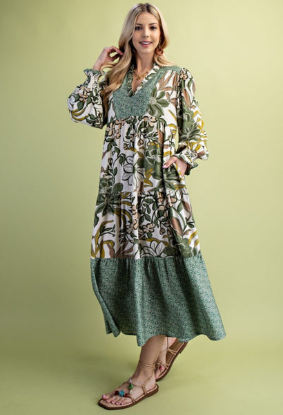 Green Mixed Print Tiered Midi Dress