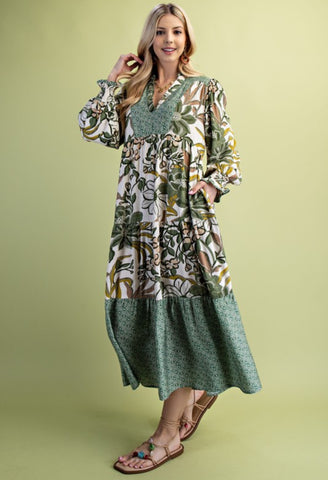 Green Mixed Print Tiered Midi Dress