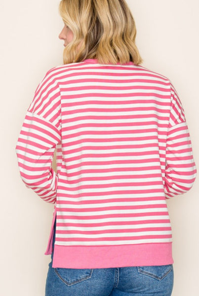 Pink Stripe Side Slit Sweatshirt