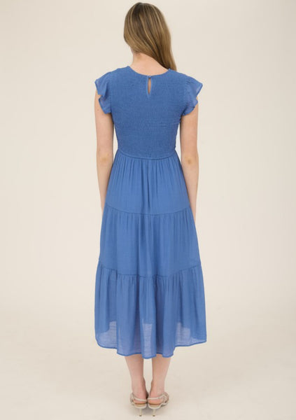 Solid Crew Neck Flutter Sleeve Midi Dress Blue
