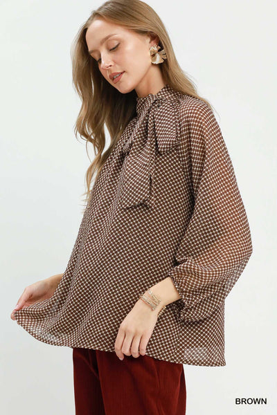 UMGEE Dot Print Tie Neck Top Brown