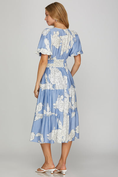 Dusty Blue Floral Midi Dress