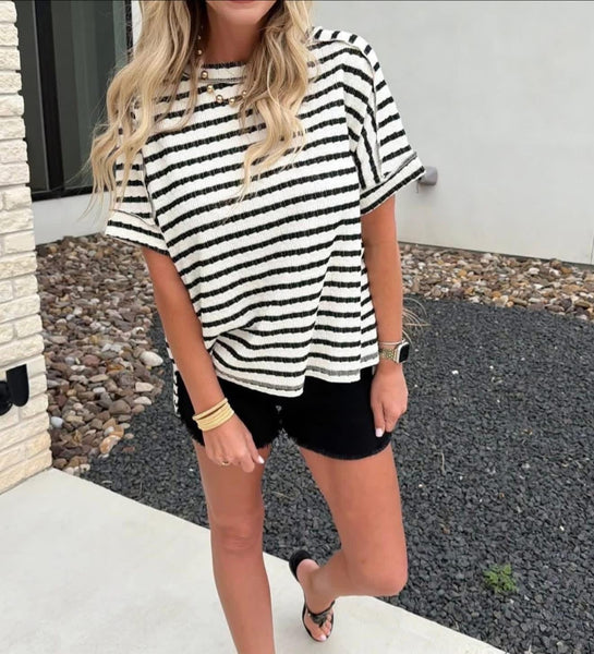 Stripe Textured Tee Black