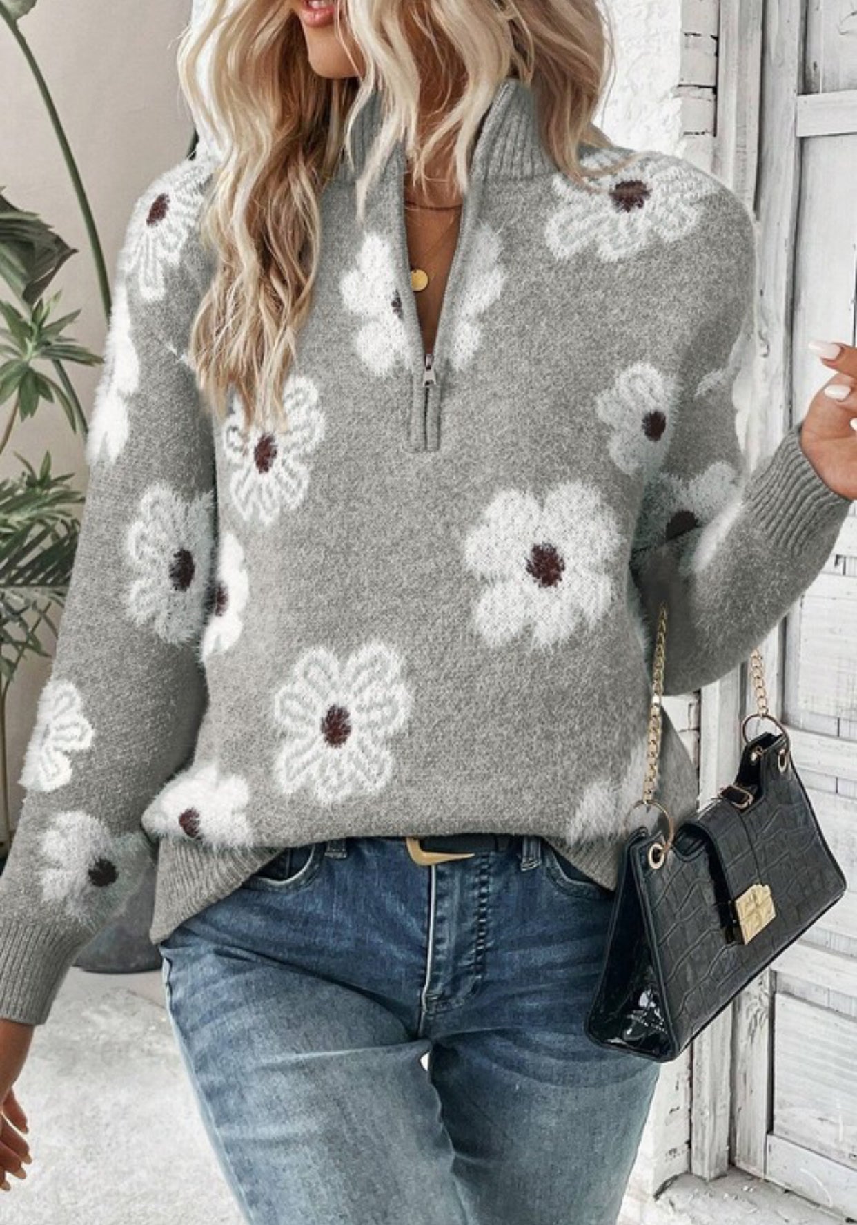 Grey Floral Half Zip Sweater Pullover