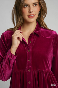 UMGEE Velvet Button Down Collared Top Ruby