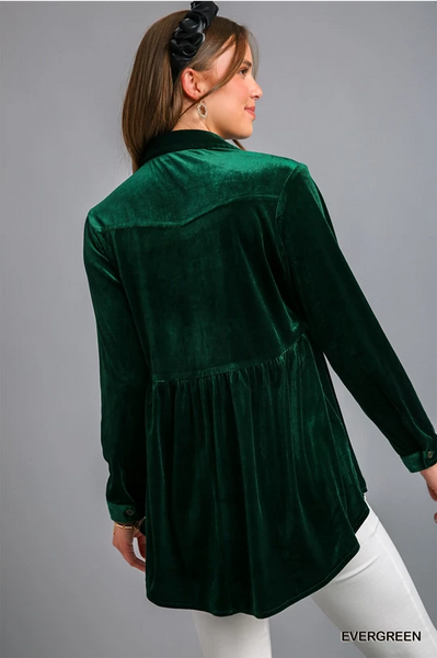 UMGEE Velvet Button Down Collared Top Evergreen