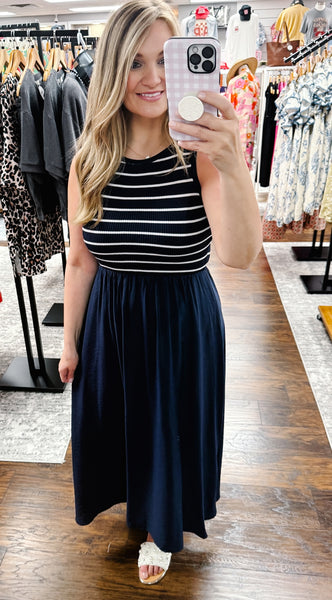 Navy Stripe Mixed Media Midi Dress