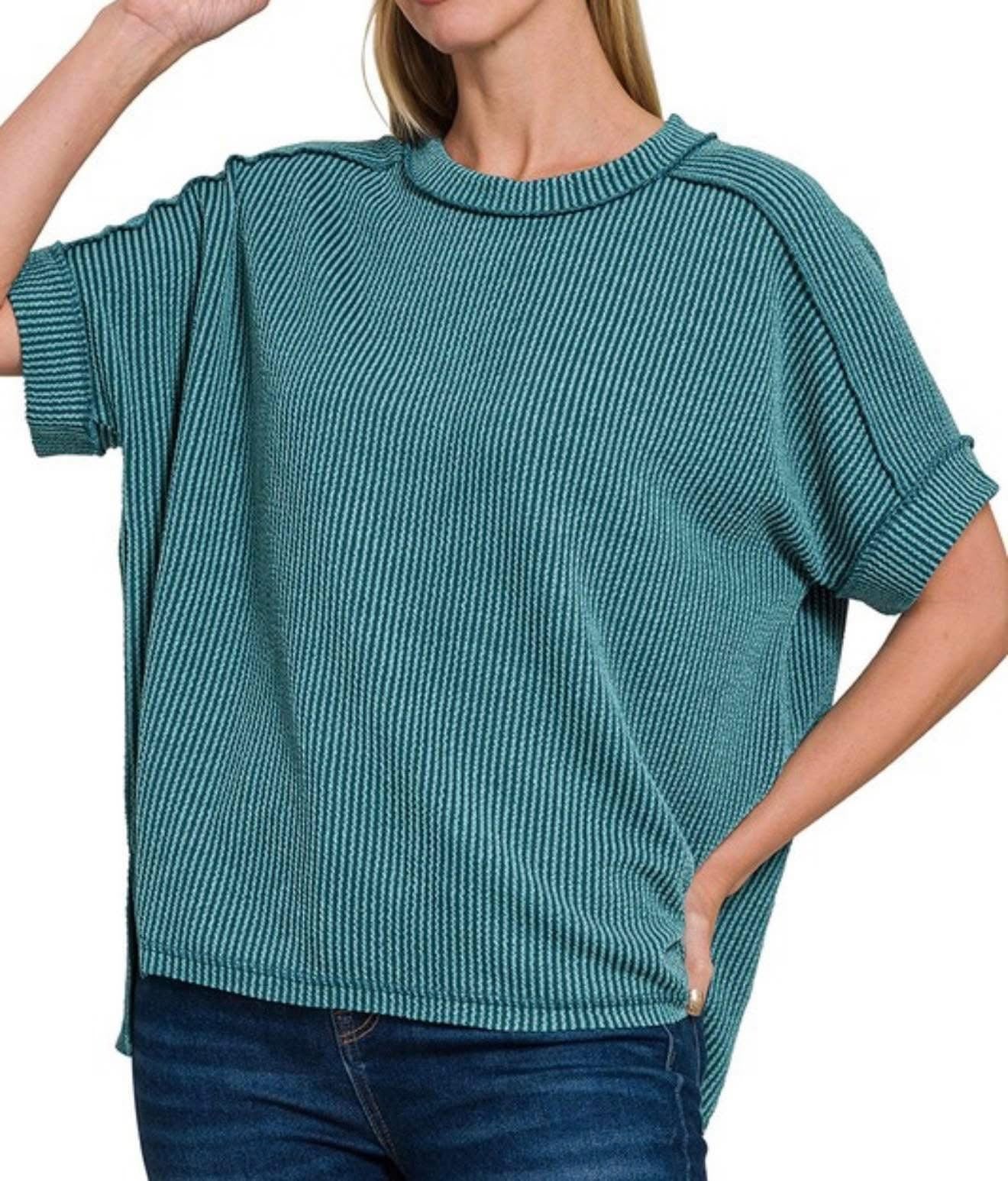 Corded Ribbed Cuffed Sleeve Top Teal
