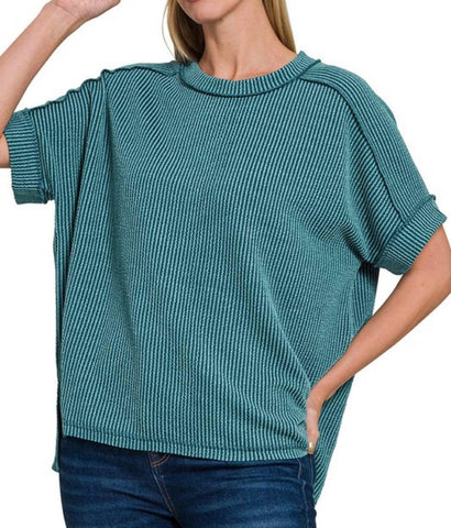 Corded Ribbed Cuffed Sleeve Top Teal