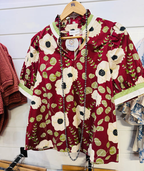 Wine Floral Puff Sleeve Top