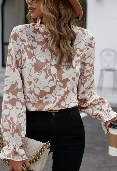 Floral Frilly Neckline Top Taupe Cream
