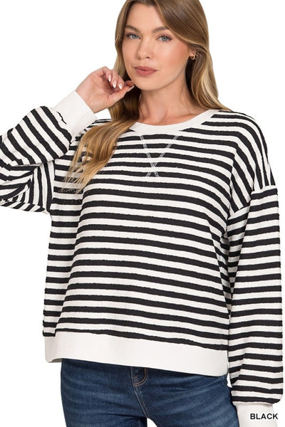 Textured Stripe Two Tone Pullover Black