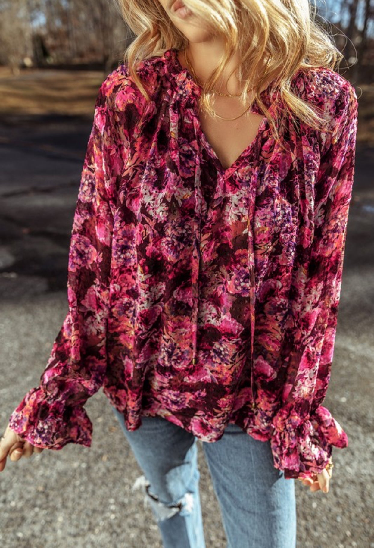 Bloom Floral Ruffle V Neck Top