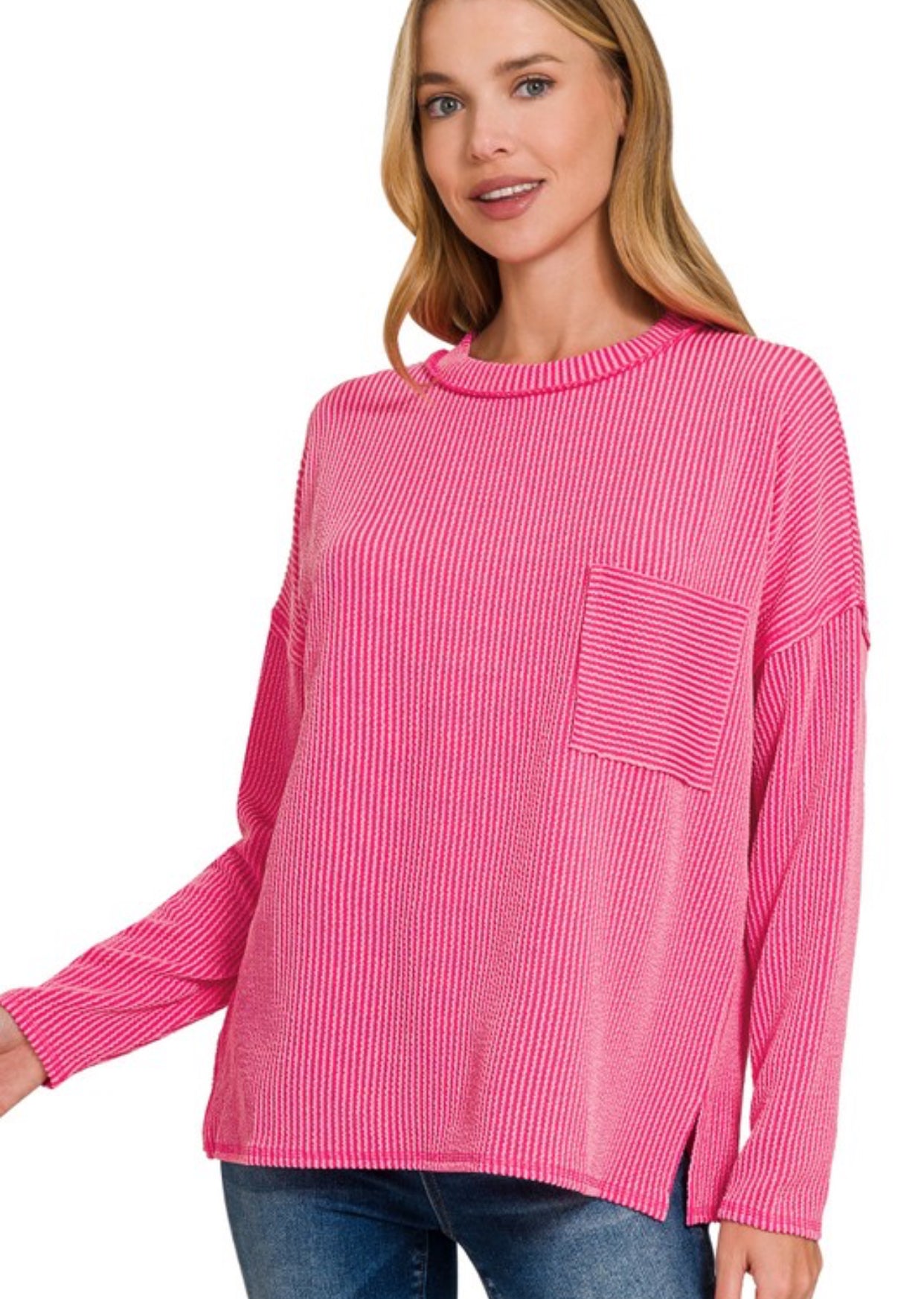 Ribbed Knit Solid Basic Top Hot Pink