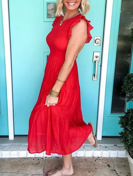 Red Smocked Ruffle Midi Dress