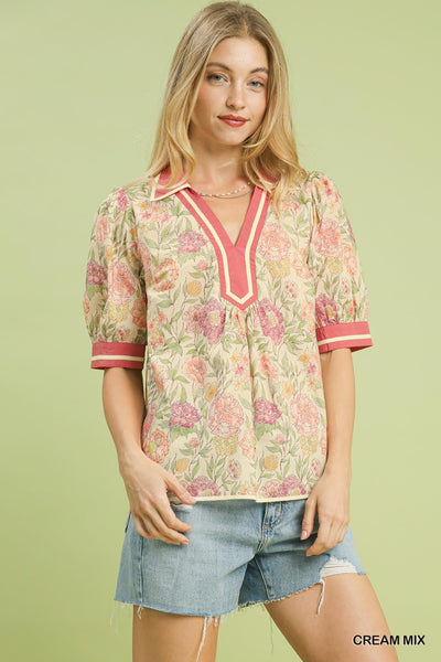UMGEE Cream Mix Floral Contrast Top