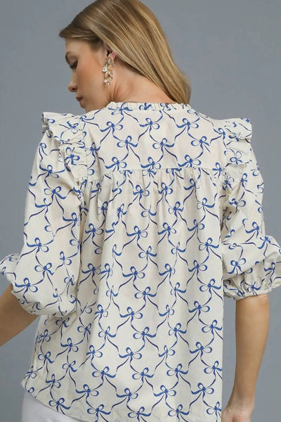 UMGEE Blue & Cream Quarter Sleeve Top