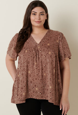 Taupe Floral Print Woven V Neck Top