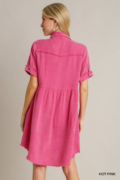 UMGEE Mineral Wash Collared Dress Hot Pink