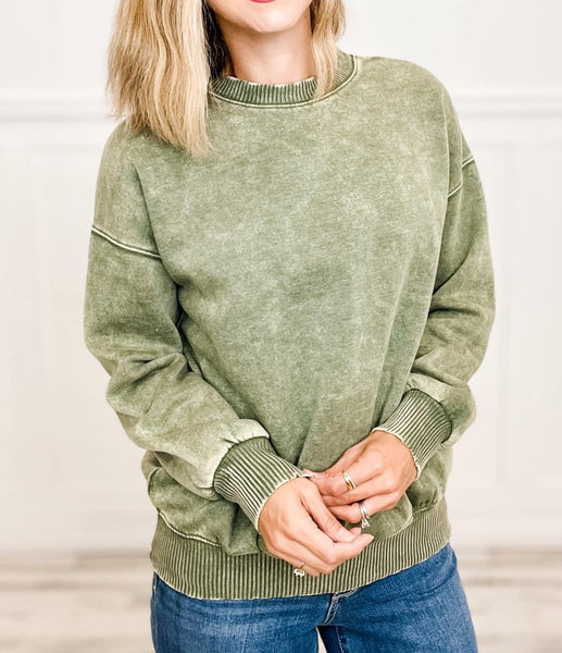 Acid Wash Fleece Oversized Pullover Light Olive