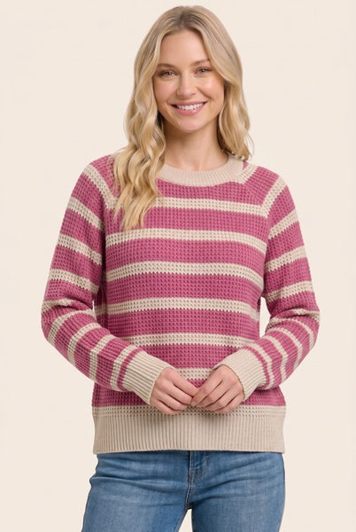 Waffle Knit Striped Sweater Deep Rose
