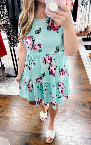 Mint Fuchsia Floral Ruffle Dress