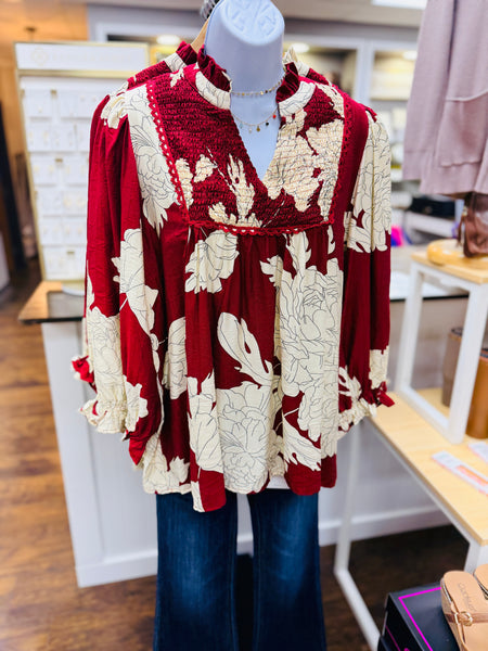 UMGEE Hampton Leaf Print Top Burgundy