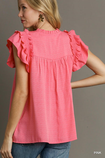 UMGEE Ruffle Flutter Sleeve Top Pink