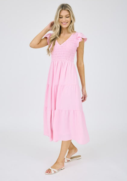 Solid Flutter Sleeve Midi Dress Light Pink