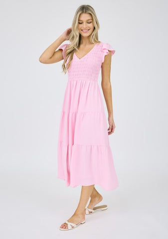 Solid Flutter Sleeve Midi Dress Light Pink
