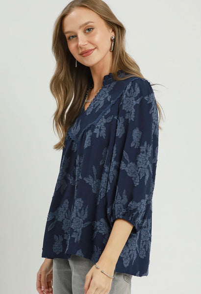 UMGEE Floral Textured Top Midnight Blue