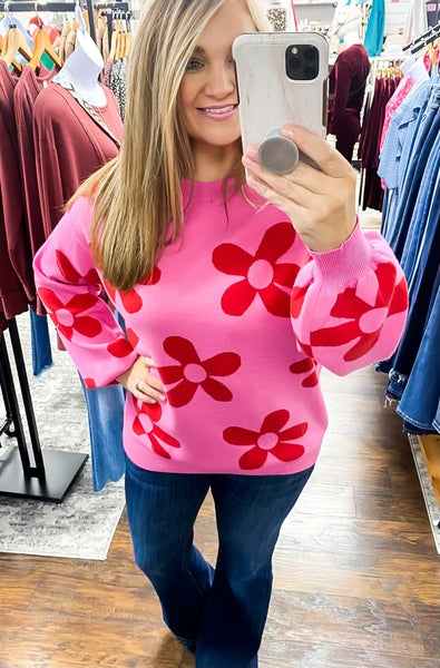 Hot Pink Sweet Daisy Floral Sweater