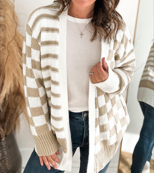 Khaki Ivory Stripe Knit Checkered Cardigan