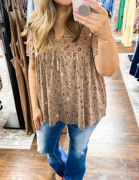 Taupe Floral Print Woven V Neck Top