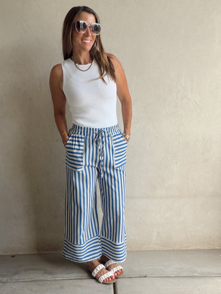 Woven Wide Leg Stripe Pant Blue