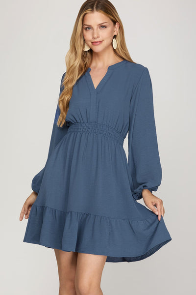 Caroline Smocked Waist Dress Dusty Blue