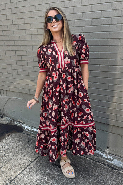 Floral Multicolor Tiered Midi Dress Brown Mix