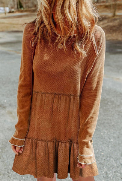 Chestnut Waffle Knit Ruffle Tunic Dress