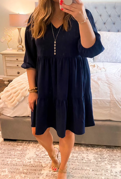 UMGEE V Neck 3/4 Sleeve Tiered Dress Navy