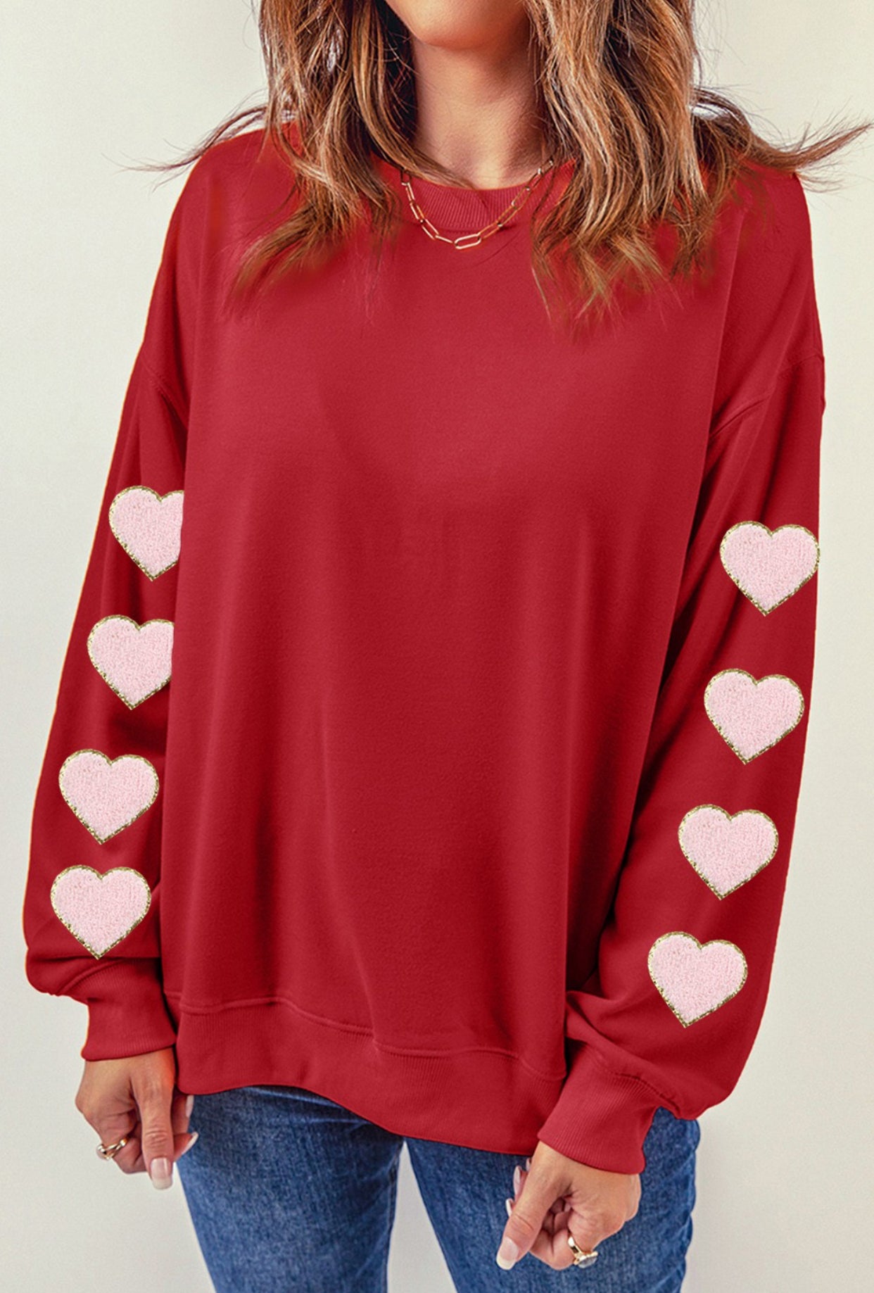 Red Heart Sleeve Chenille Embroidered Sweatshirt