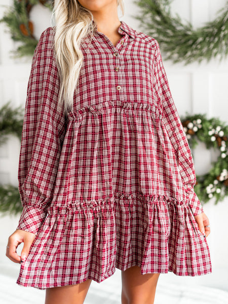 UMGEE Merlot Plaid Ruffle Dress