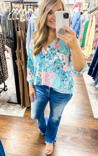 Lizzy Top Teal Turquouse Floral