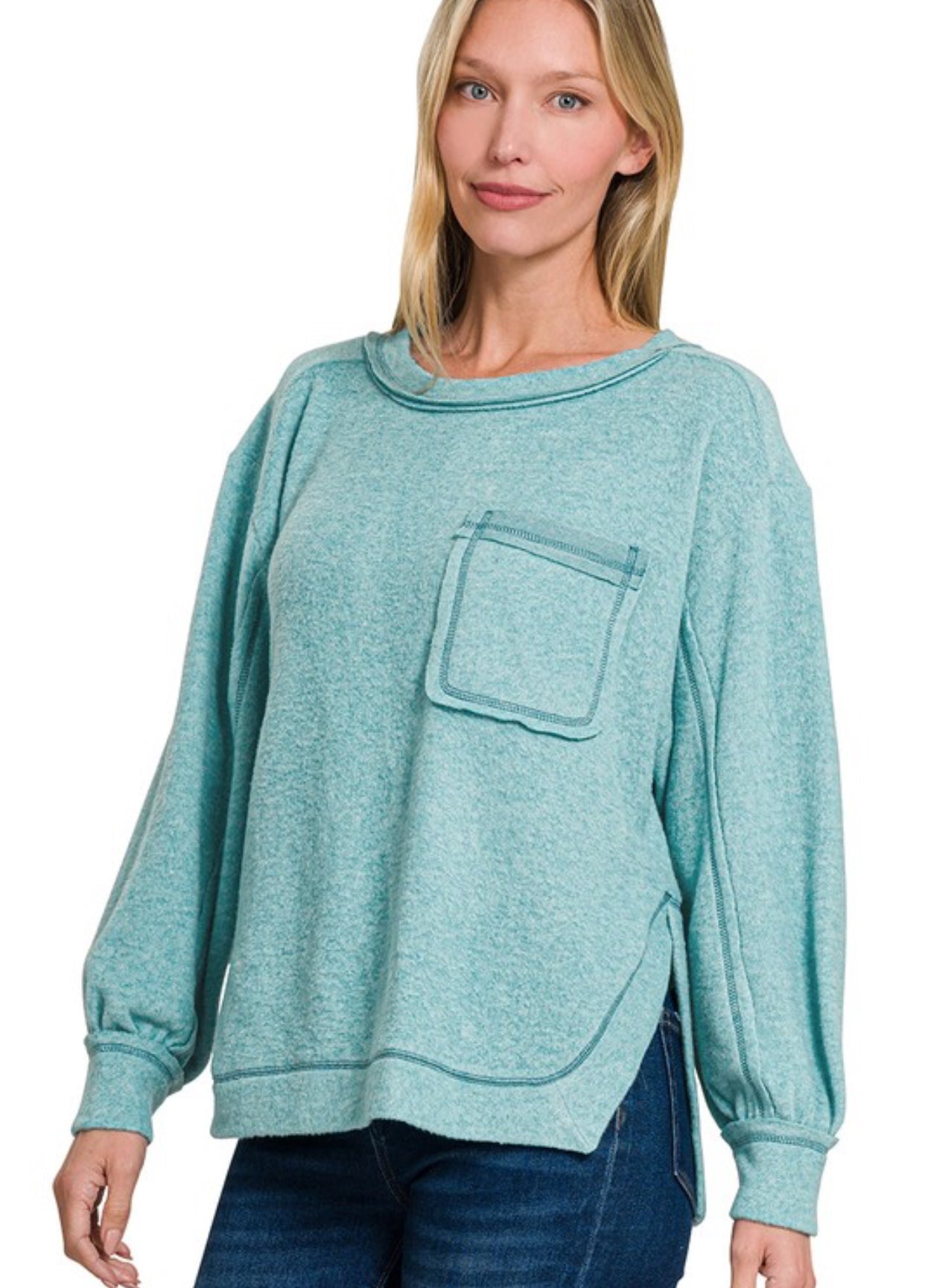 Brushed Soft Pocket Sweater Dusty Teal