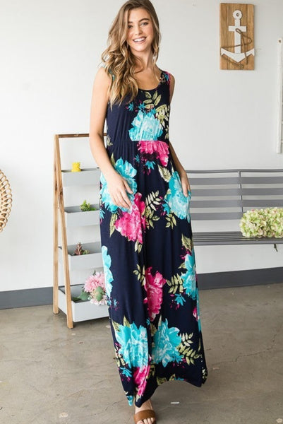 Dark Navy Mint Fuchsia Floral Maxi Dress