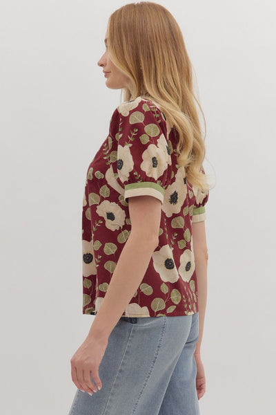 Wine Floral Puff Sleeve Top